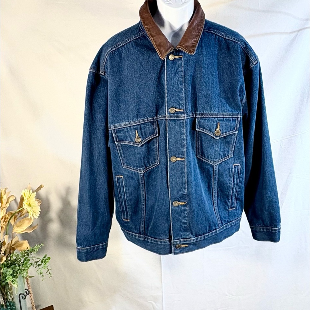 ♨️Vintg 90’s Marlboro Country Store Denim Jacket Leather Collar Chore Cost~XL❤️